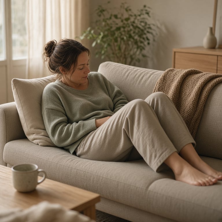 Person som hviler beina på en sofa etter en rolig dag med smerter og utmattelse