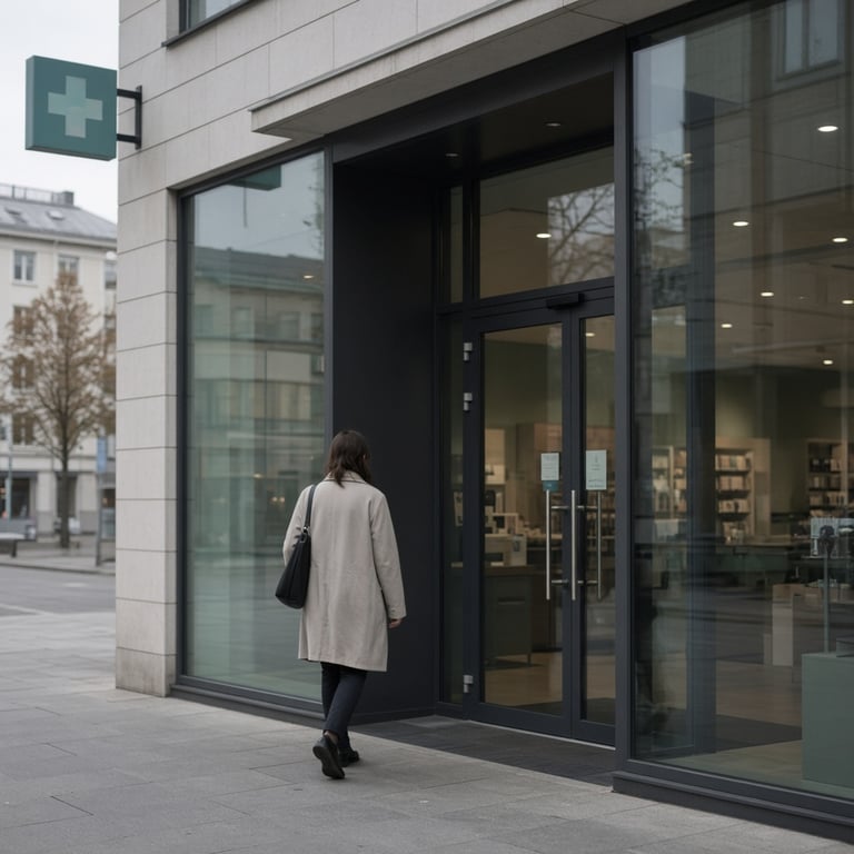 Boots-apotek med norsk fasade og tydelig apotekskilt i en rolig bygate