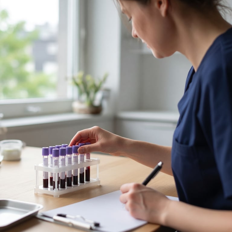 Blodprøverør og notatblokk på et lyst legekontor, brukt som illustrasjon på utredning av hemokromatose