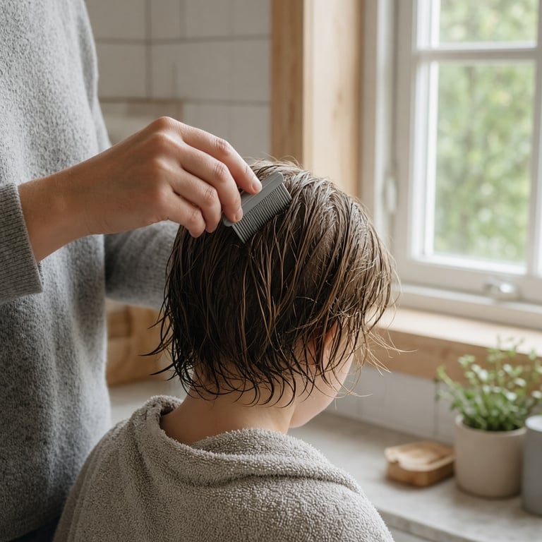 En voksen bruker en fintannet lusekam i vått hår ved et lyst baderomsvindu
