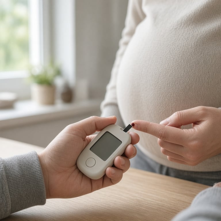 Gravid kvinne som måler blodsukker ved et lyst kjøkkenbord med en enkel blodsukkermåler