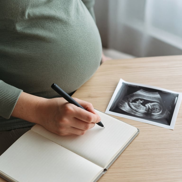 Gravid kvinne som noterer svangerskapsuke i en rolig, lys dagbok ved siden av et ultralydbilde