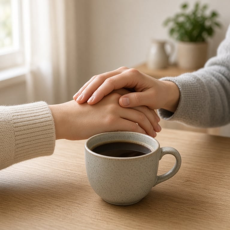 To hender som møtes over en kopp kaffe på et lyst bord