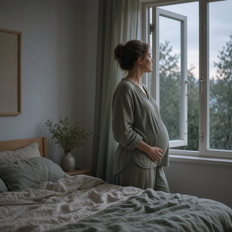 Rolig soverom med en gravid kvinne i løstsittende bomullsklær