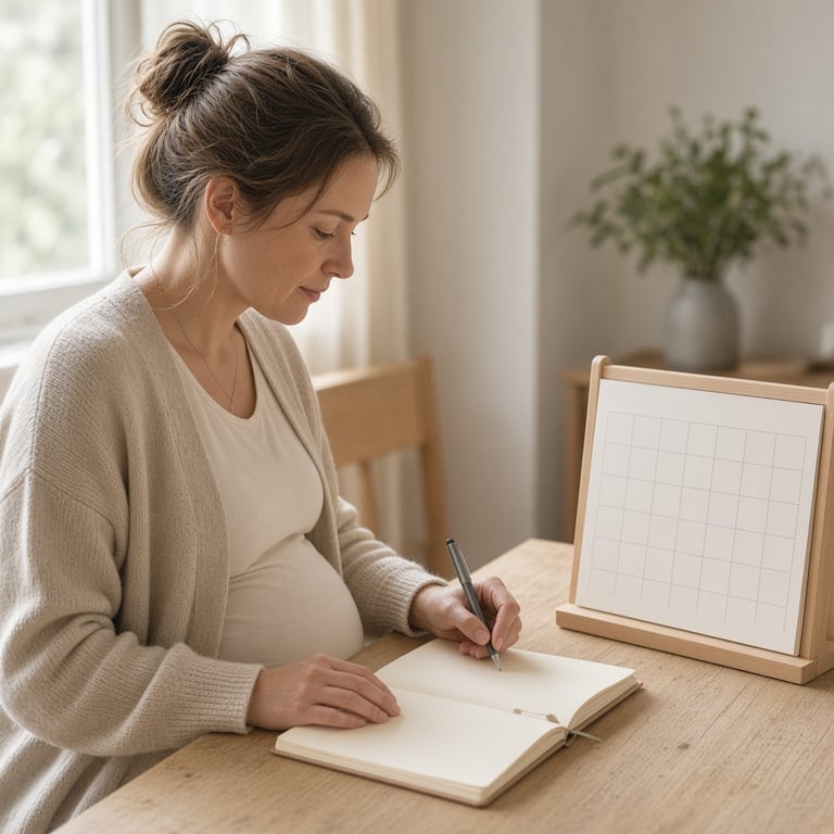 Gravid person som planlegger permisjon og økonomi ved et kjøkkenbord