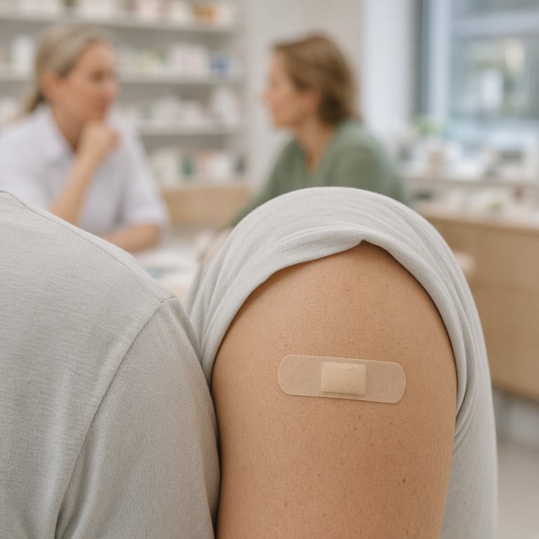 Person får influensavaksine på et lyst norsk apotek, med rolig og trygg stemning