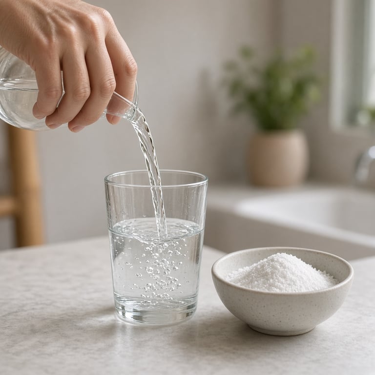 Glass med vann og D-mannose på et lyst baderomsbord