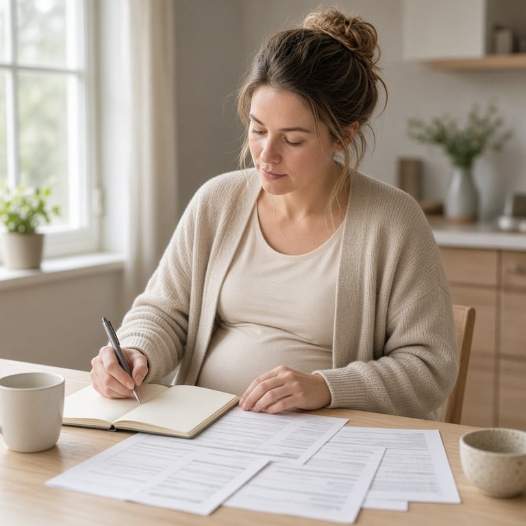 Gravid arbeidstaker som går gjennom dokumenter og arbeidsplan ved et lyst kjøkkenbord