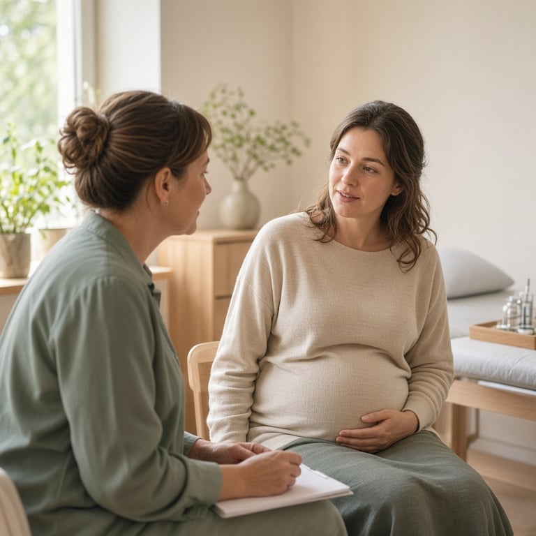 Jordmor som snakker rolig med gravid kvinne under en svangerskapskontroll