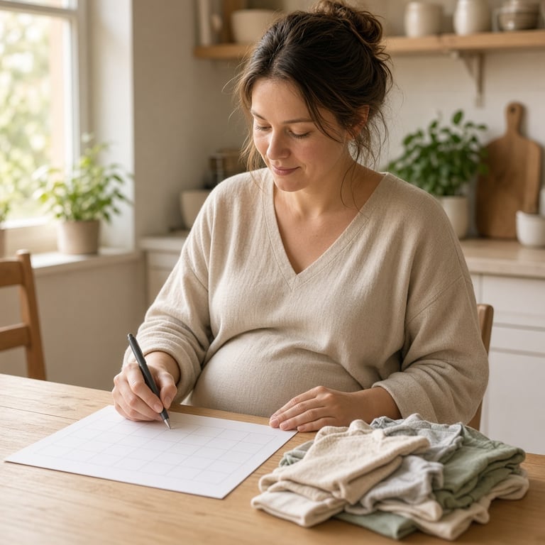 Gravid person som planlegger permisjon ved kjøkkenbordet med notatbok, kalender og babyklær