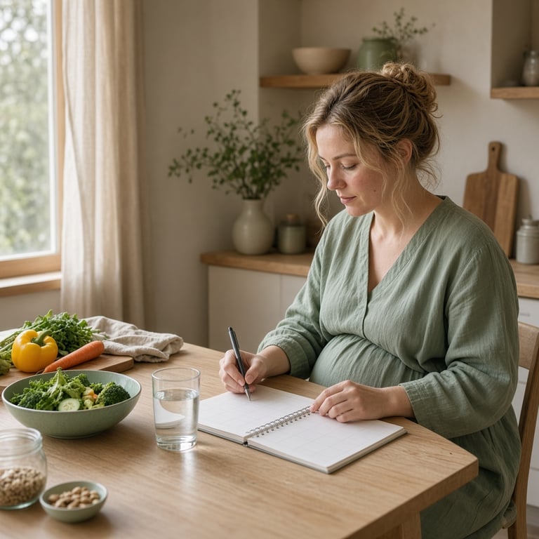 Gravid kvinne som planlegger måltider og avtaler ved kjøkkenbordet hjemme
