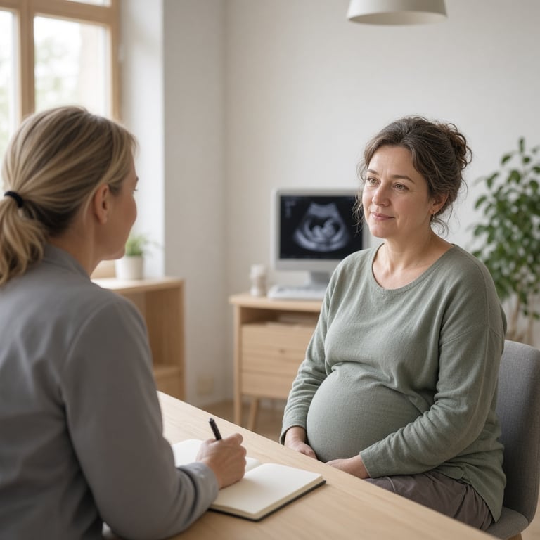 Gravid kvinne i førtiårene som snakker rolig med jordmor på et lyst konsultasjonsrom