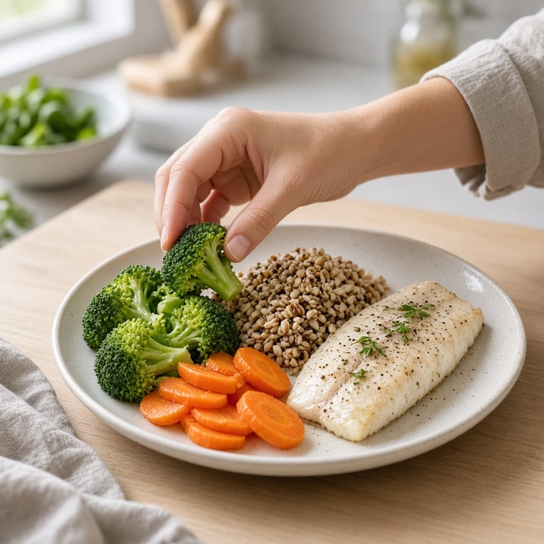 Fargerik tallerken med grønnsaker, fullkorn og fisk på et lyst kjøkkenbord