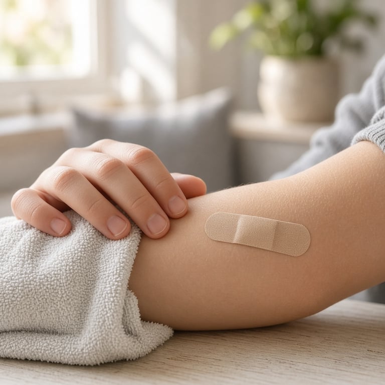 Barn med et lite, tildekket hudområde på armen som illustrerer skånsom håndtering av impetigo