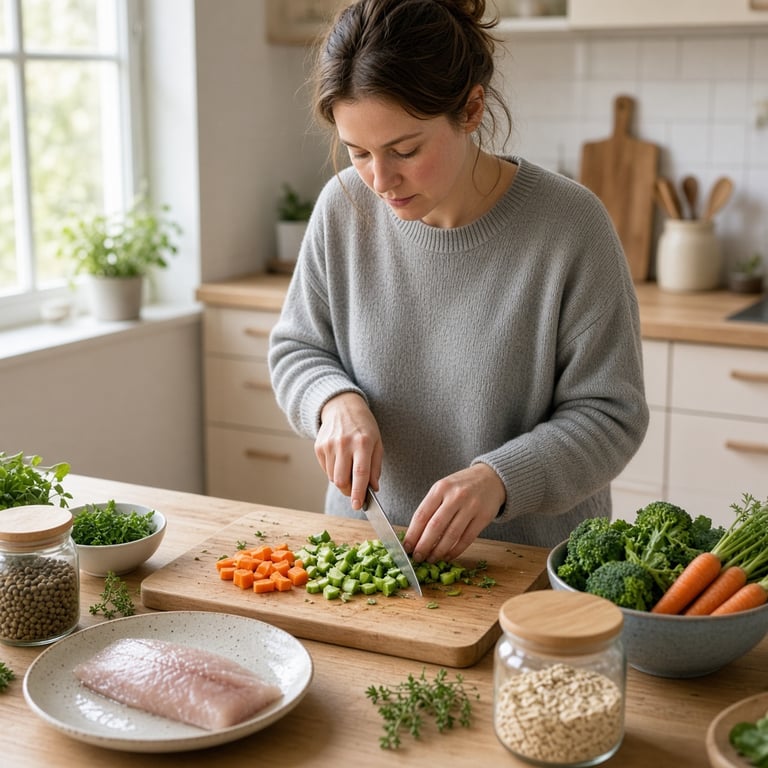 Et rolig kjøkken med grønnsaker, fullkorn og fisk til et balansert måltid