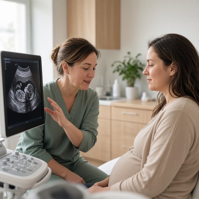 Jordmor som forklarer et ultralydbilde til en gravid person på et lyst undersøkelsesrom