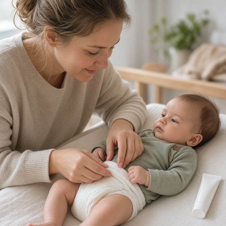 Baby som får skånsomt stell med ren bleie og sinksalve ved siden av