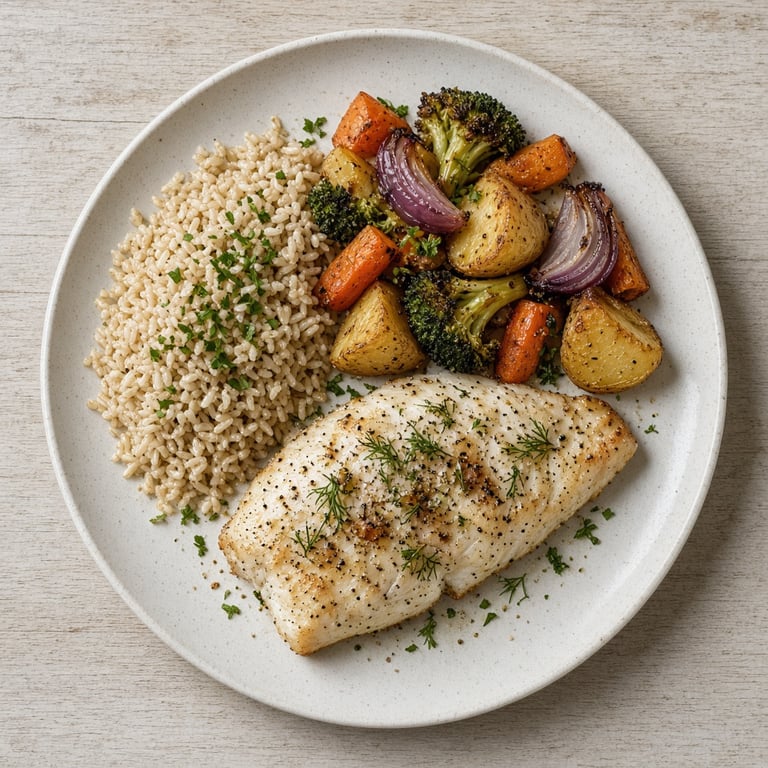 En enkel middagstallerken med ovnsbakte grønnsaker, fullkorn og en kilde til protein