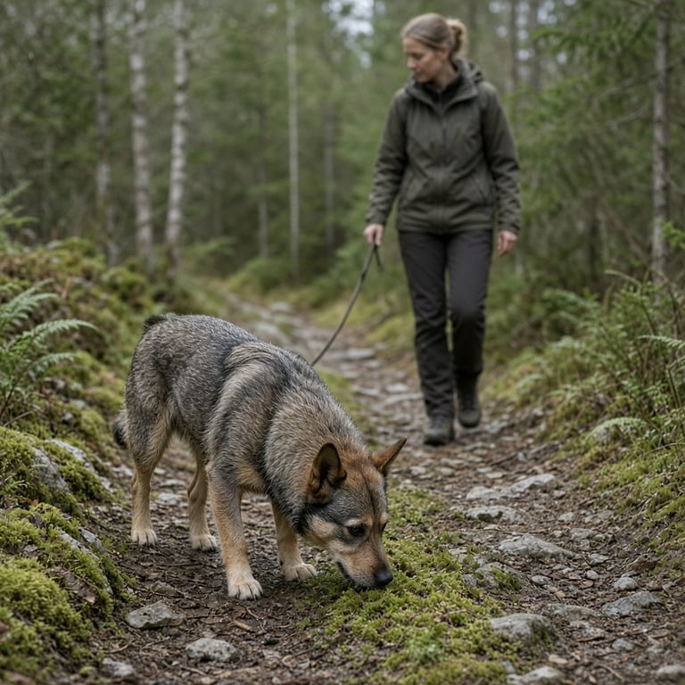 Tispe på rolig tur med eieren i naturen