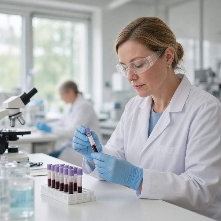 En helsepersonell håndterer blodprøver i et lyst, ryddig laboratorium