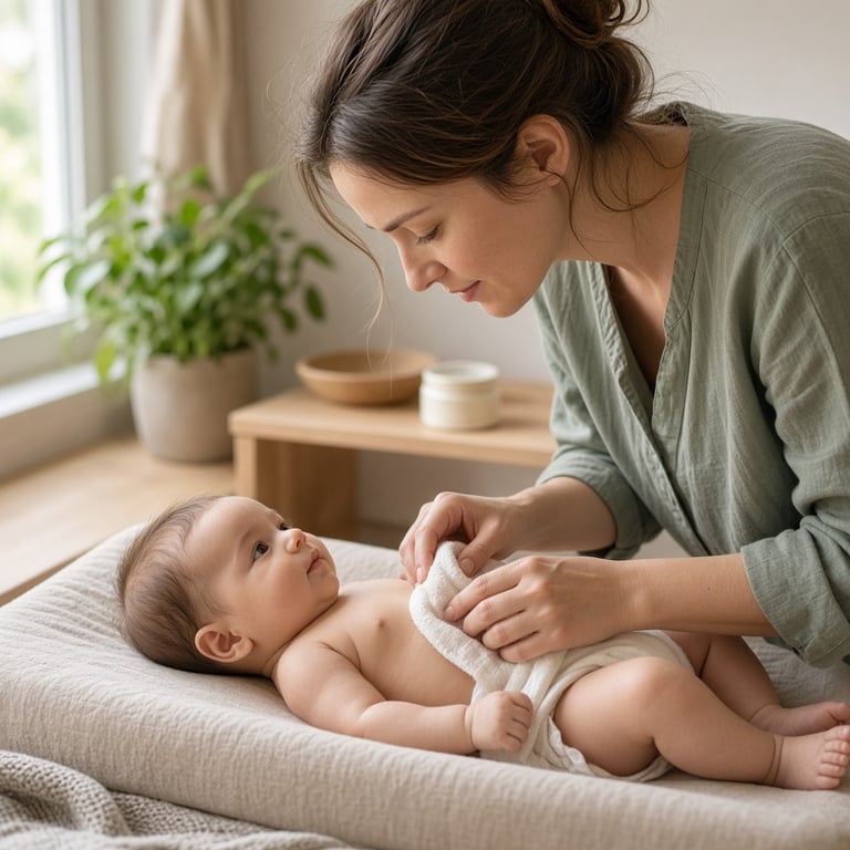 Babyens hud stelles skånsomt med en ren klut og sinksalve ved stellebordet