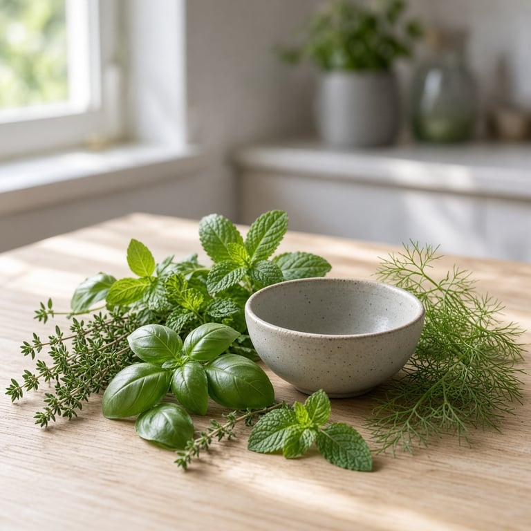 Ulike urter og plantebaserte produkter på et lyst bord med rolig, nordisk uttrykk