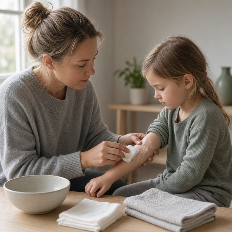 Barns hånd med en liten, tildekket hudblemme ved bulløs impetigo, fotografert i rolig dagslys
