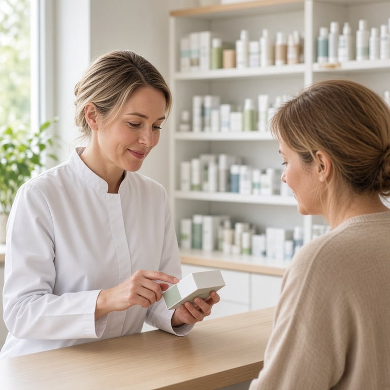 Lyst apotekmiljø med farmasøyt som veileder en kunde ved en produktreol