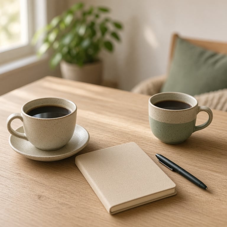 To kopper kaffe og en notatbok på et ryddig bord for en rolig parsamtale