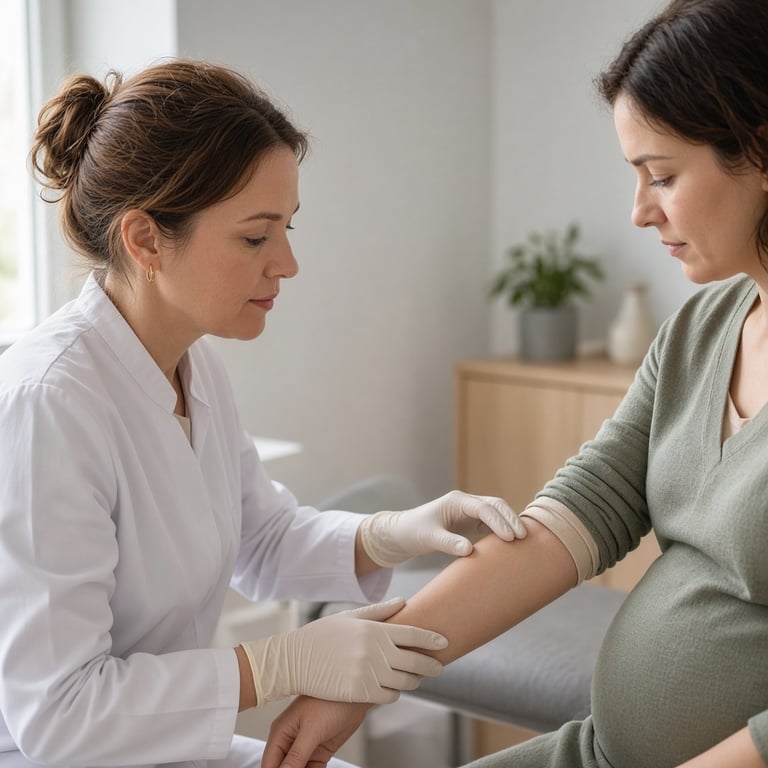 Gravid person som får huden undersøkt av helsepersonell på et lyst undersøkelsesrom
