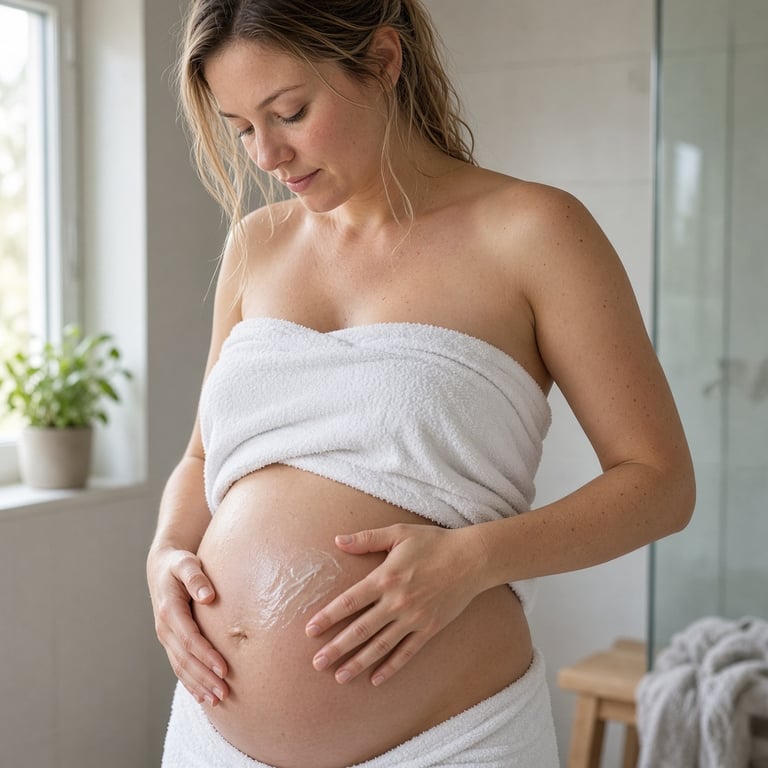 Gravid kvinne som smører fuktighetskrem på magen hjemme