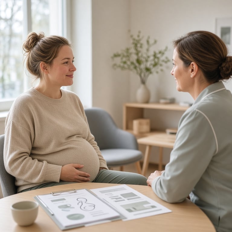 Gravid arbeidstaker i rolig samtale med jordmor om arbeidsmiljø og tilrettelegging