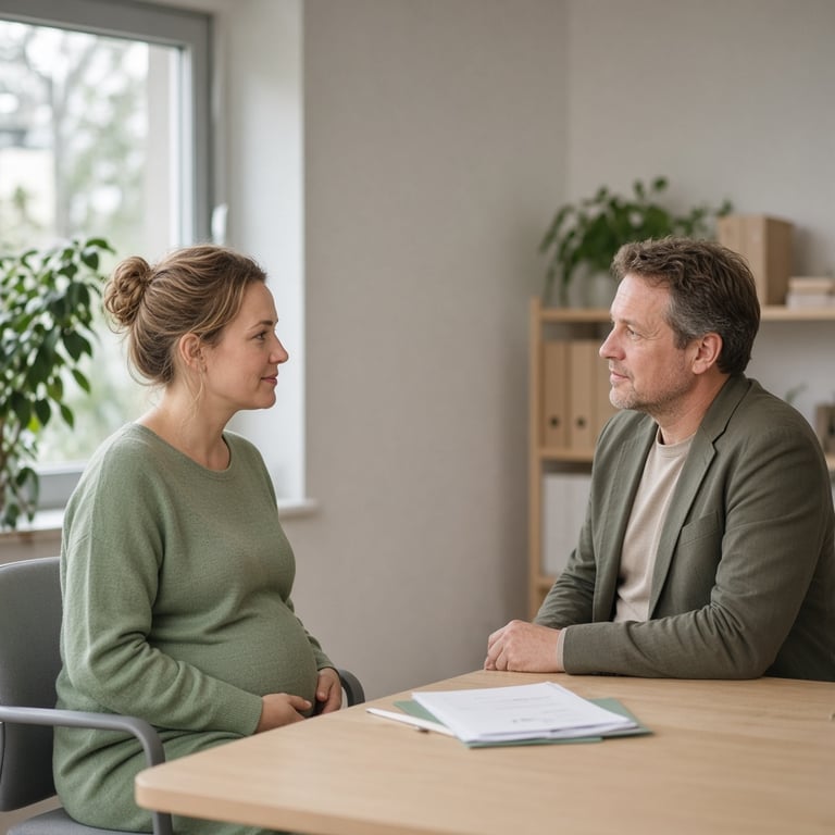 Gravid arbeidstaker i rolig samtale med leder om trygge arbeidsoppgaver