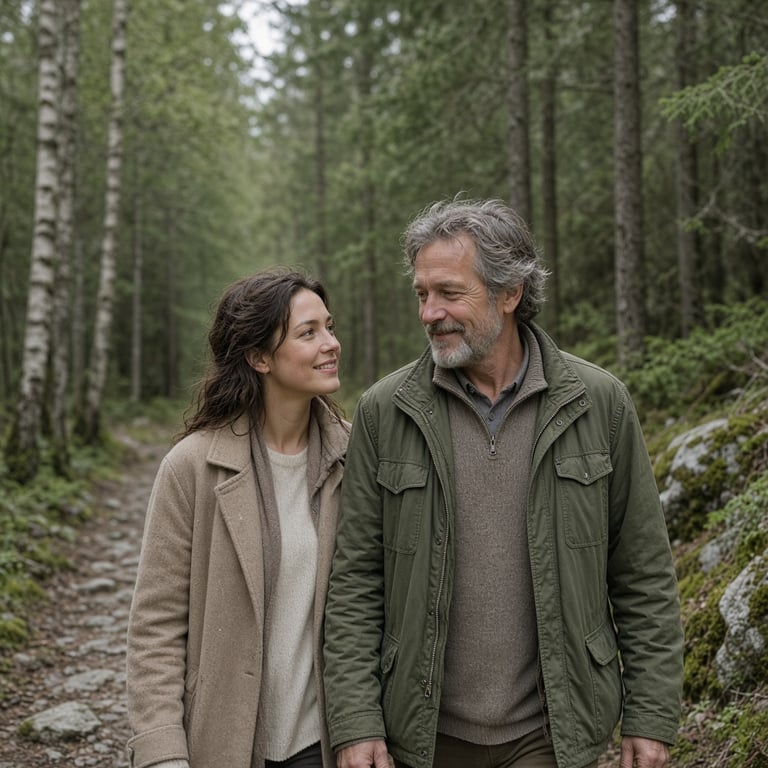 To voksne personer på tur i naturen, side ved side og i en åpen samtale