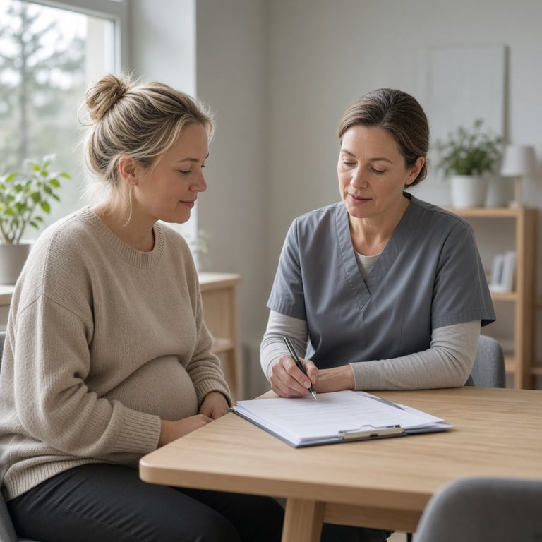 Gravid kvinne i rolig samtale med jordmor på et lyst norsk helsekontor