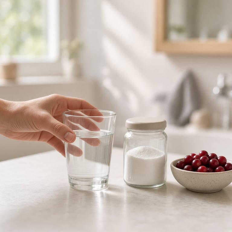 Glass med vann, D-mannose og tranebær på et lyst baderomsbord