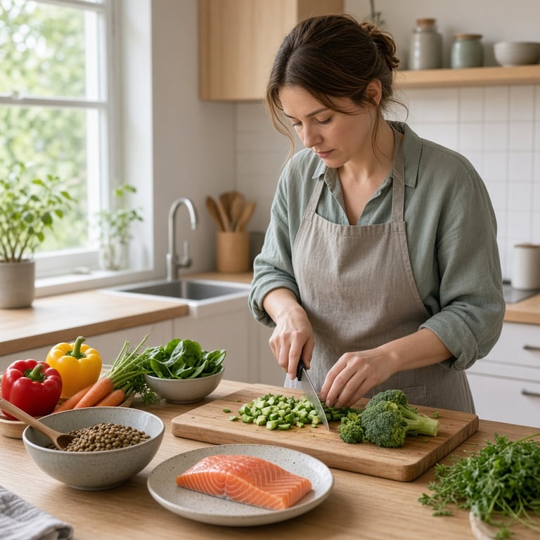 Person som tilbereder en enkel middag med laks, linser og grønnsaker på et lyst kjøkken