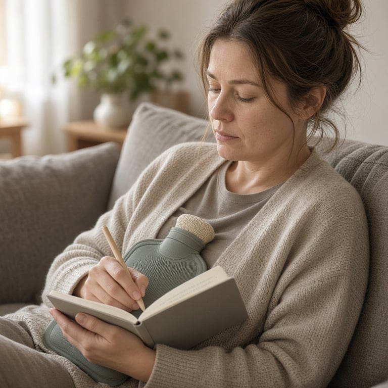 Person som hviler rolig med varmeflaske og notatbok for å følge med på smerter og søvn