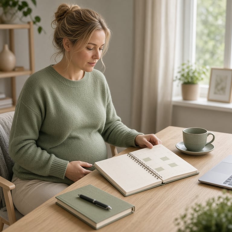 Gravid arbeidstaker ved et lyst hjemmekontor med kalender og tekopp på bordet