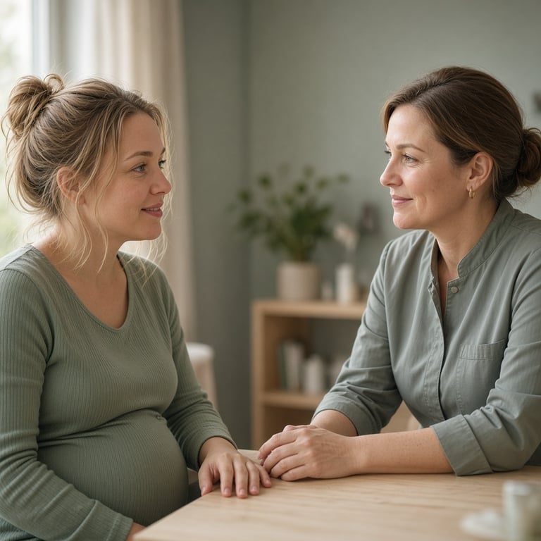Gravid kvinne i rolig samtale med jordmor på et lyst helserom