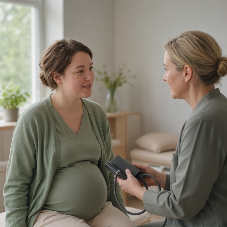 Gravid kvinne som snakker med jordmor i et lyst og rolig undersøkelsesrom