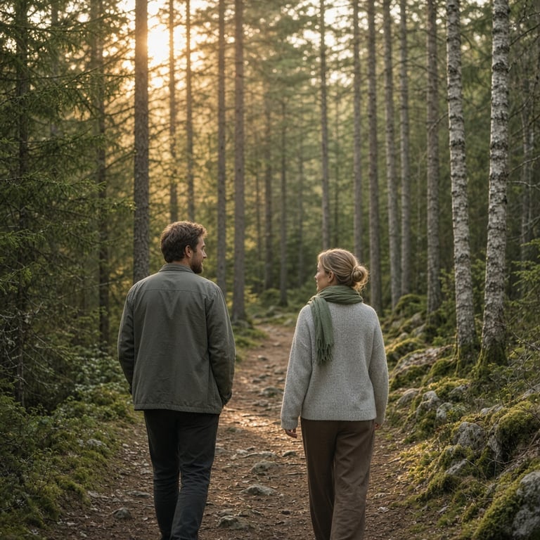 Et par går side ved side på en rolig sti og snakker sammen uten telefoner