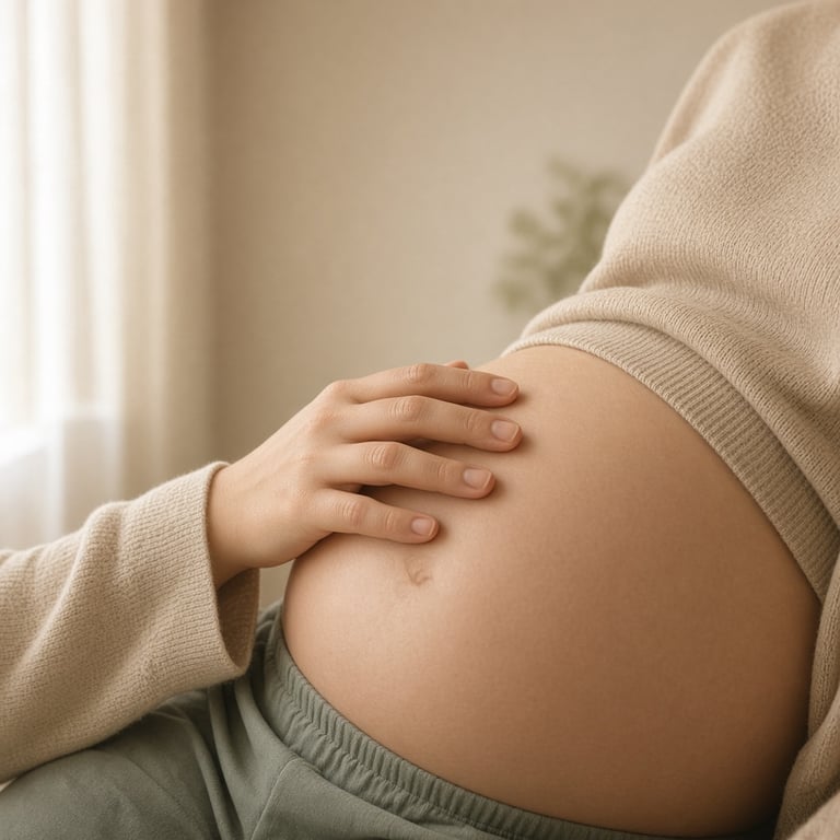 Gravid person med hånd på magen i rolig, naturlig lys