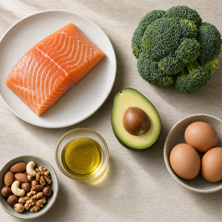 Grønnsaker, avokado, egg og fisk på et lyst kjøkkenbord som illustrerer råvarer i et ketogent kosthold