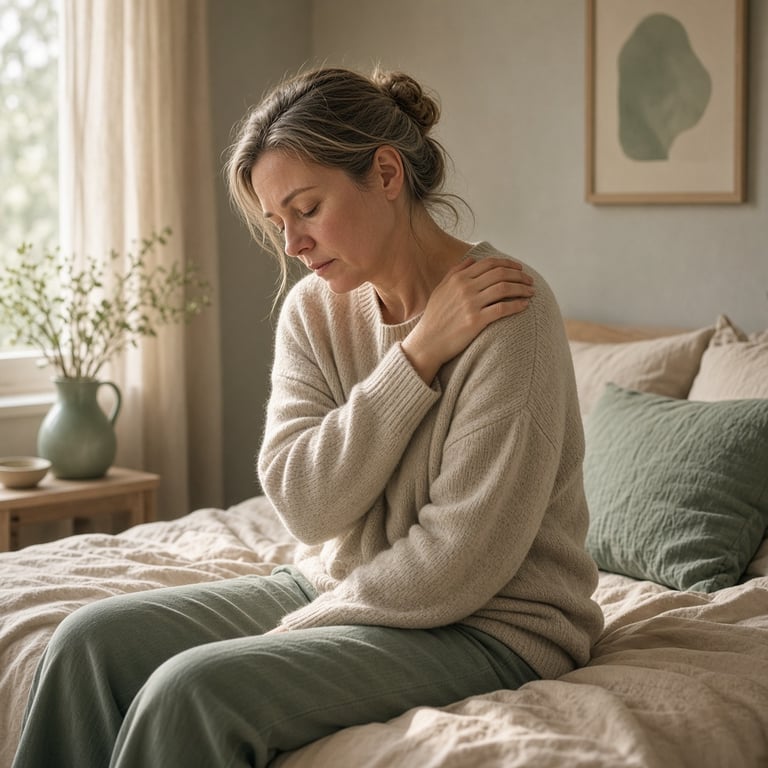 Person som hviler rolig med en hånd på skulderen, illustrerer utbredte smerter ved fibromyalgi