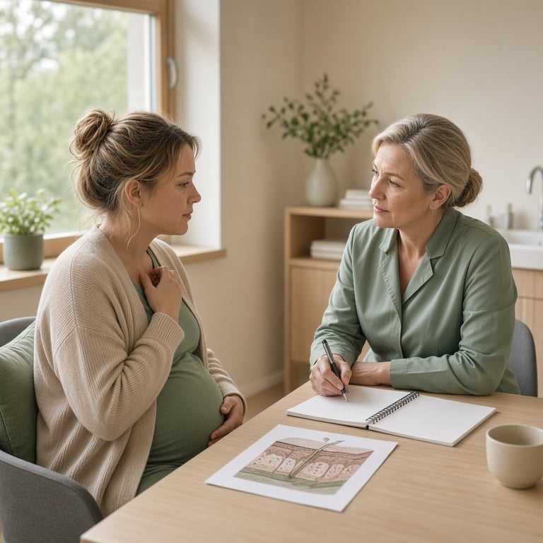Gravid person i rolig samtale med jordmor om kløende hud i svangerskapet